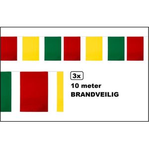 3x Vlaggenlijn rechthoek rood/groen/geel 10 meter PVC - BRANDVEILIG - Mega vlaggenlijn Carnaval thema feest festival evenement verjaardag