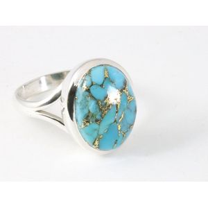 Ovale hoogglans zilveren ring met blauwe koperturkoois - maat 18