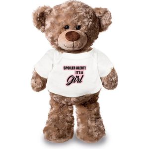 Spoiler alert Its a girl roze pluche teddybeer knuffel 24 cm wit t-shirt - Zwangerschapsaankondiging / gender reveal - Cadeau beer
