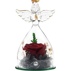 Geconserveerde roos in engelfiguur van glas in glazen koepel, nieuwe handgemaakte roos, wijnrode bloem met parels verfraaiing, shady cadeau voor haar voor verjaardag, trouwdag, Kerstmis (16,3 cm)