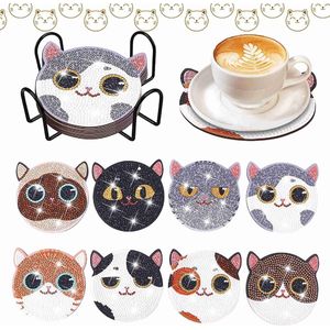 VDTOYS® DIAMOND PAINTING voor volwassenen - Kattekoppen - Onderzetters - Coasters - Onderleggers - Ronde steentjes - 8 stuks - Compleet Hobbypakket - u koopt hier set J - Kattenkop design