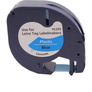 KATRIZ® huismerk label tape voor Dymo 91205 | DYMO LETRATAG LetraTag 100H/LetraTag 100T/LetraTag 2000/LetraTag QX54 | Zwart op Blauw | 12mm*4m |  1 stuk