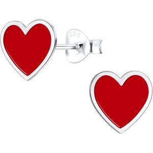 Joy|S - Zilveren hartje oorbellen - 8 mm - rood met zilver randje