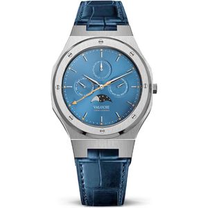 Valuchi Heren Lunar Calendar Roestvrijstaal Maanstand Horloge - Leer Zilver Blauw