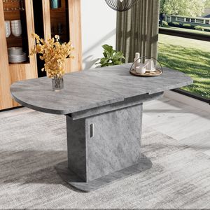 Sweiko Uitbreidbare Ovale Eettafel, L110/130xW70xH75cm,Eettafel met Opbergruimte, Casual salontafel, moderne minimalistische eettafel, ruimtebesparende multifunctionele eettafel, Beton Uiterlijk+Zilveren Handvat