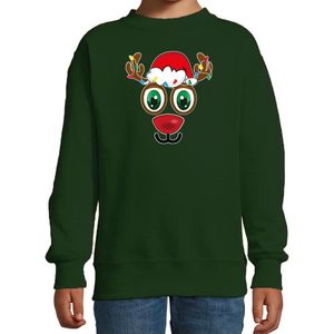 Bellatio Decorations kersttrui/sweater voor kinderen - Rudolf gezicht - rendier - groen - Kerstdiner 122/128