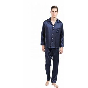 Heren zijden pyjama set (lange mouwen, lange broek), Marine blauw, S
