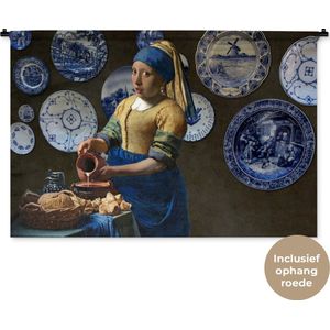 Wandkleed - Wanddoek - Meisje met de parel - Melkmeisje - Delfts Blauw - 150x100 cm - Wandtapijt