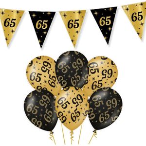 65 Jaar Verjaardag Decoratie Versiering - Feest Versiering - Vlaggenlijn - Ballonnen - Klaparmband - Man & Vrouw - Zwart en Goud