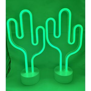 LED cactus met neon licht - Set van 2 stuks - groen neon licht - hoogte 29.5 x 20 x 8.5 cm - Werkt op batterijen en USB - Tafellamp - Nachtlamp - Decoratieve verlichting - Woonaccessoires