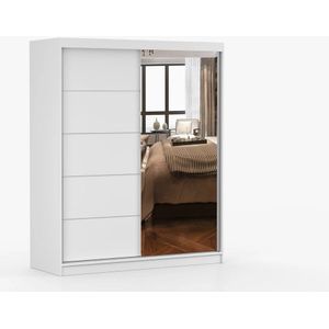 Schuifdeurkast EVA 05 – 2-deurs kledingkast met spiegel, legplanken en kledingroede – modern design – 160x195x61 cm - EVA 05 (Wit)