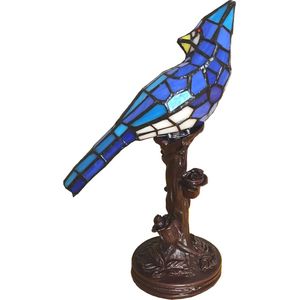 HAES DECO - Tiffany Tafellamp Vogel 15x12x33 cm Blauw Glas Kunststof Tiffany Bureaulamp Tiffany Lampen Glas in Lood