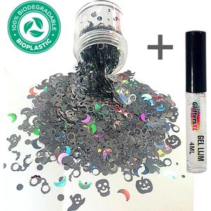 Halloween Chunky Festival Glitters (Zilver) + Glitter Huid Lijm [Volume 8g - Festival Jewels Glitter Outfit Lichaam en Gezicht - Make-up nep wond spin bloed decoratie masker kostum mastix - Kinderen Volwassenen Dames Heren Schmink Tattoo]