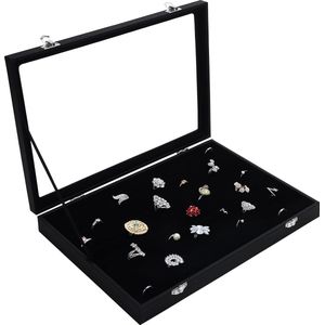 Kurtzy Zwarte Fluwelen Ring Sieraden Opbergdoos Lade met 100 Sleuven en Deksel - Showcase Organizer Houder met Helder Transparant Glazen Deksel voor Ringen, Oorbellen en Manchetknopen