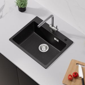 Auralum Graniet spoelbak 55x45 cm - 1 spoelbak Kwartsstenen spoelbak met overloop en afvoer - inzetbak voor 60 cm kast