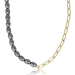 My Bendel Schakelketting goudkleurig met zwarte parels - Goudkleurige schakelketting gecombineerd met ovale zwarte parels - Met luxe cadeauverpakking