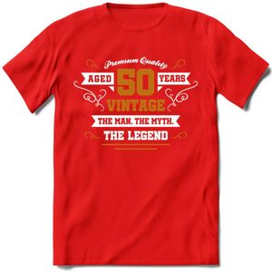 50 Jaar Legend T-Shirt | Goud - Wit | Grappig Verjaardag en Feest Cadeau Shirt | Dames - Heren - Unisex | Tshirt Kleding Kado | - Rood - S