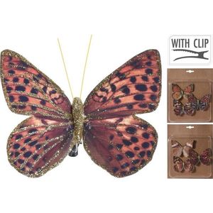 3x Kerstboomversiering vlinders op clip rood/bruin/goud 10 cm - kerstfiguren - vlinders