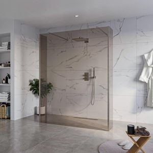 FugaFlow Eccelente Vetro Vrijstaande inloopdouche badkamer - 160x200cm - Rookglas - antikalk - 8mm veiligheidsglas - 2 zijwanden 40cm - met wandarmen en hoekprofielen - Gunmetal -