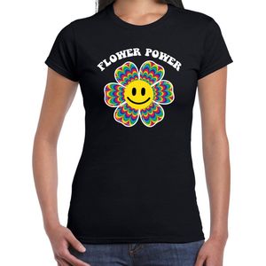 Toppers Jaren 60 Flower Power verkleed shirt zwart met psychedelische emoticon bloem dames - Sixties/jaren 60 kleding M