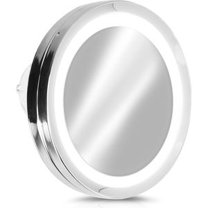 Navaris LED make-up spiegel - Vergrotende cosmeticaspiegel - 360° draaibaar - 5x vergroting - Met zuignap - Badkamerspiegel - Reisspiegel - Zilver
