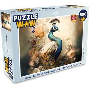 Puzzel Pauw - Pauwenveren - Bloemen - Vogels - Botanisch - Legpuzzel - Puzzel 500 stukjes