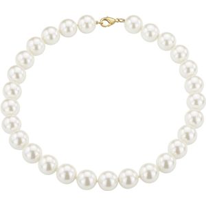 Traveller Ketting - Collier Dames - Parelcollier - Parelketting dames - Goudkleurig - Parels 14 mm - Wit - Ketting 42 cm - Verguld - 741442