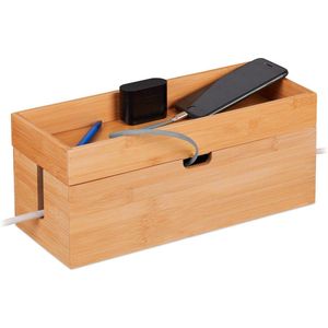 Relaxdays kabelbox bamboe - opbergbox voor 2 stekkerdozen - kabelorganizer - bureau - tv