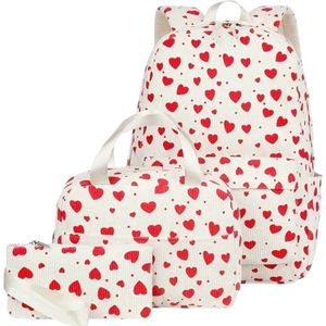 Ultiluxe® Rugzak, lunchtas, etui met hartjes - Wit/rood - 3-delige ribstof set - Schooltas, rugtas, 15.6 inch laptoptas - Schoolrugzak, koeltas, pennentas - Tieners, volwassenen, meiden - 3 stuks corduroy tassenset - 20L