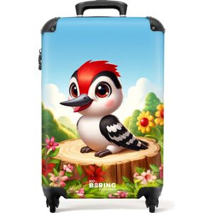 NoBoringSuitcases.com® - Kinderkoffer - Kindertrolley - Portret van een specht met rode kuif als cartoon - Handbagage koffer lichtgewicht - Reiskoffer trolley - Rolkoffer met wieltjes - Past binnen 55x40x20 en 55x35x25