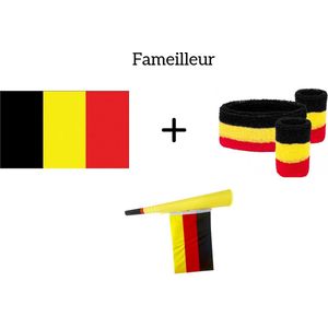 Fameilleur- EK 2024-België- Feest pakket- Belgische vlag + toeter met vlag + zweetbandjes set België- feestpakket- - europees kampioenschap- konings dag- Belgische elftal- Bundelpakket- versiering- feest artikelen- Belgium