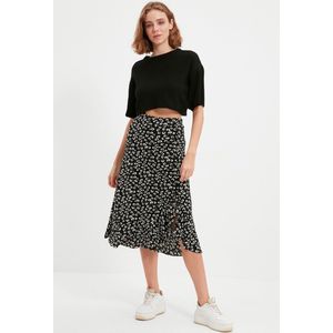 Trendyol Midi Normale taille A-lijn Zwart bedrukte hoge taille midi elastische gebreide rok met ruches en ruches TWOSS21ET0029