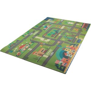 RelaxDays speelmat PVC foam 120 x 80 cm - Speelkleed - Auto & Stad groen