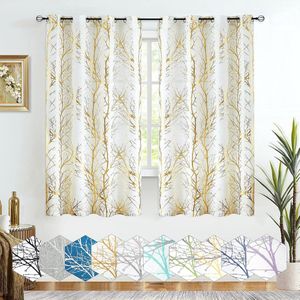 Curtains with Eyelets, Gold Foil, White Tree Branches, Printed Curtains, Linen Look Curtains, Short Semi-Transparent Curtains, Modern Eyelet Curtains for Living Room, Bedroom (Gold on White,