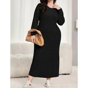 Sexy corrigerende warme geplisseerde stretch trui jurk zwart lang plus size grote maat 5XL EU 52/54
