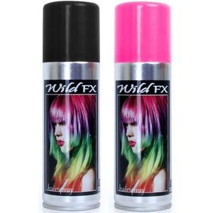 Set van 2x kleuren haarverf/haarspray van 125 ml - Zwart en Roze - Carnaval verkleed spullen