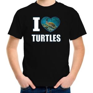 I love turtles t-shirt met dieren foto van een schildpad zwart voor kinderen - cadeau shirt zeeschildpadden liefhebber - kinderkleding / kleding 158/164