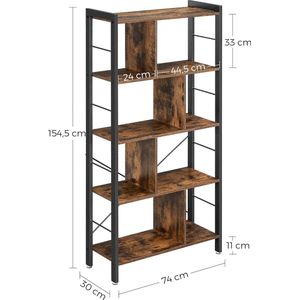 FurnStar - Boekenkast - Plank - Boekenkast - Kantoorrek met 5 niveaus - Opbergrek - Groot - Metalen frame - Industriële stijl - 154.5 x 74 x 30 cm - Vintage bruin - inktzwart