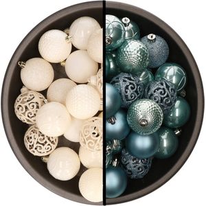 Kerstballen - 74x stuks - wol wit en ijsblauw - 6 cm - kunststof