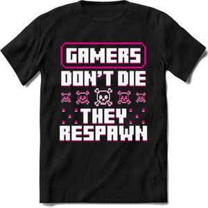 Gamers don't die pixel T-shirt | Roze | Gaming kleding | Grappig game verjaardag cadeau shirt Heren – Dames – Unisex | - Zwart - 3XL