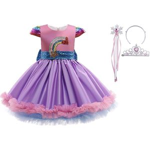 Prinsessenjurk meisje + Tiara + Toverstaf - Verkleedkleren meisje - maat 98/104 (110) - Het Betere Merk - Regenboog - Paars - Roze - Prinsessenspeelgoed - Verkleedjurk - Pailletten