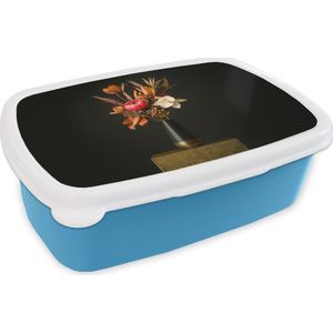 Broodtrommel Blauw - Lunchbox Boeket - Oranje - Gouden - vaas - Brooddoos 18x12x6 cm - Brood lunch box - Broodtrommels voor kinderen en volwassenen