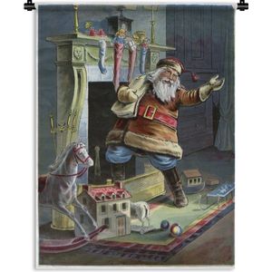Wandkleed Vintage Kerst - Vintage kerstman aan de schoorsteen Wandkleed katoen 150x200 cm - Wandtapijt met foto