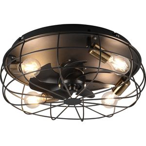 LED Plafondlamp met Ventilator - Plafondventilator - Trion Turbind - E27 Fitting - Afstandsbediening - Rond - Mat Zwart - Aluminium