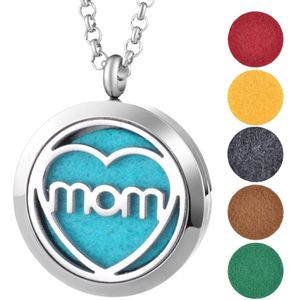 Geurketting met MOM in hart - Ketting met aroma therapie medaillon - Mama/Moeder Hanger inclusief geurpads voor essentiele olieën.