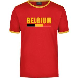 Belgium supporter rood/geel ringer t-shirt Belgie met vlag - heren - Belgie landen shirt - supporter kleding / EK/WK XXL