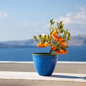 Bloempot van kunststof in geglazuurde keramiek-look - Marine blauw - Santorini design - Ø 395 cm x H 335 cm, grote maatlijn, premium kwaliteit