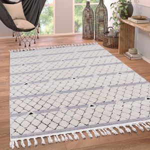 Paco Home Vloerkleed Woonkamer Laagpolig Patroon Berber Scandinavisch Rhombus Franjes 80x150 cm