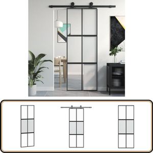 vidaXL Schuifdeur - Gehard Glas - 76x205 cm - Zwart Schuifdeur - Glazen Schuifdeur - Aluminium Frame - Getemperd Glas - Binnendeur