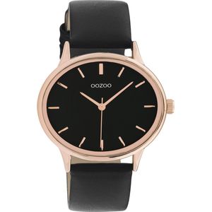 OOZOO Timpieces - rosé goudkleurige horloge met zwarte leren band - C11054